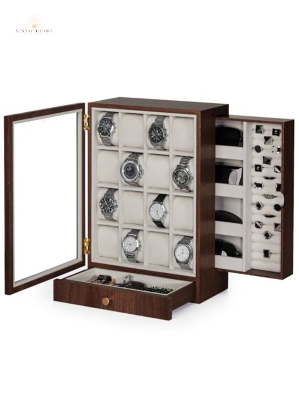 Wooden Watch Box with 16 Slots for Men Jewelry Display Case